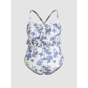 Cider Grandmillenial Toile Ruffle Swimsuit Blue White Plus 1X NWT Resort